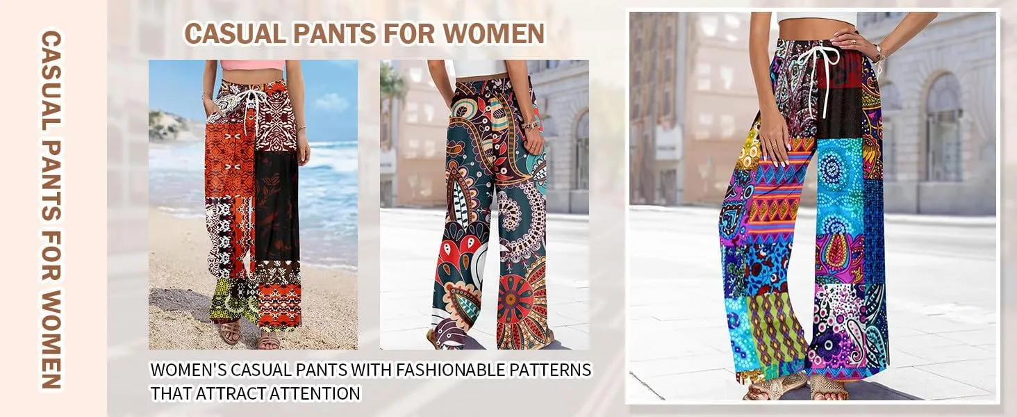 Wide Leg Dress Pants for Women Elastic Waist Bohemian Style 2025 Baggy Floral Trendy Summer Dressy Trousers