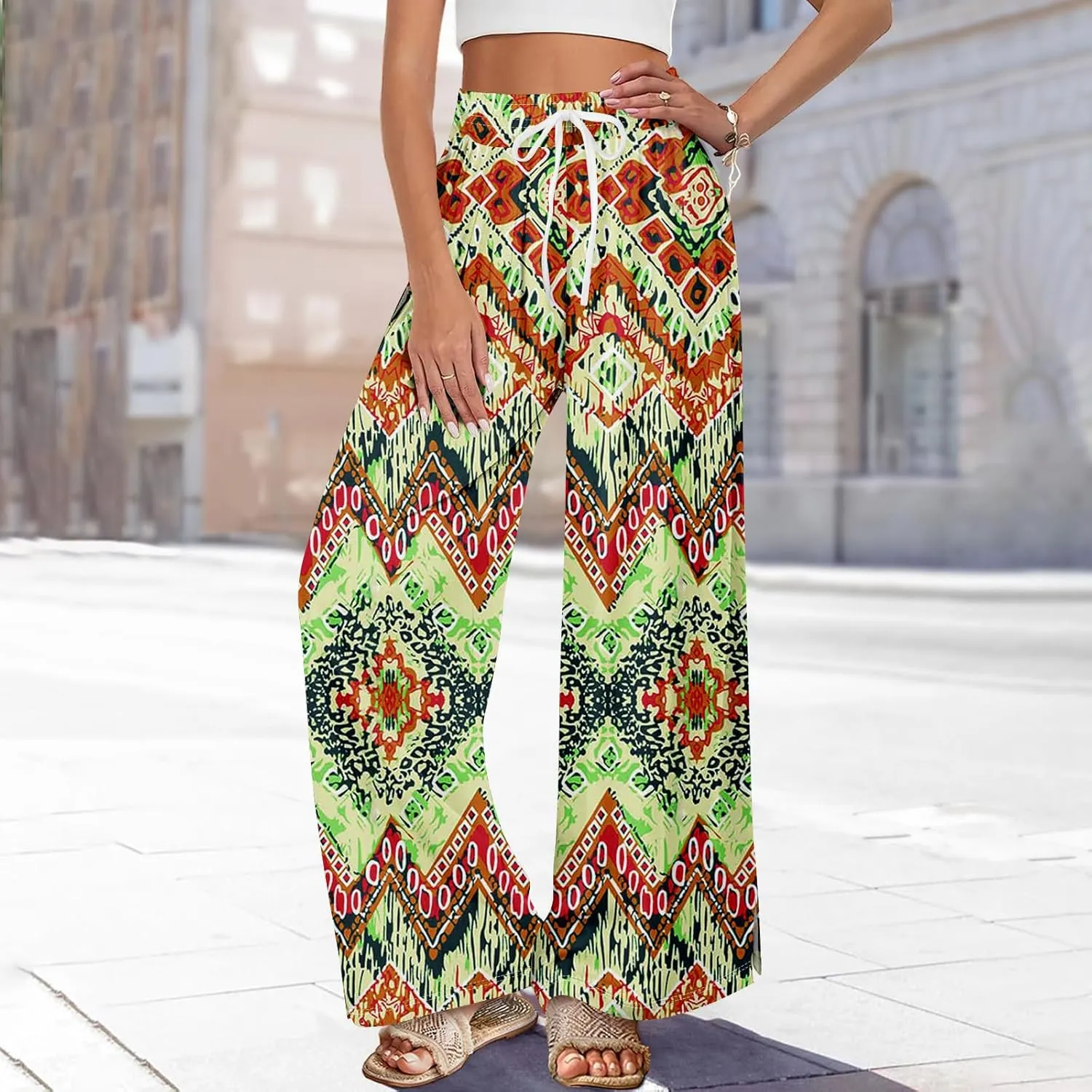 Wide Leg Dress Pants for Women Elastic Waist Bohemian Style 2025 Baggy Floral Trendy Summer Dressy Trousers