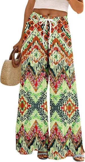 Wide Leg Dress Pants for Women Elastic Waist Bohemian Style 2025 Baggy Floral Trendy Summer Dressy Trousers
