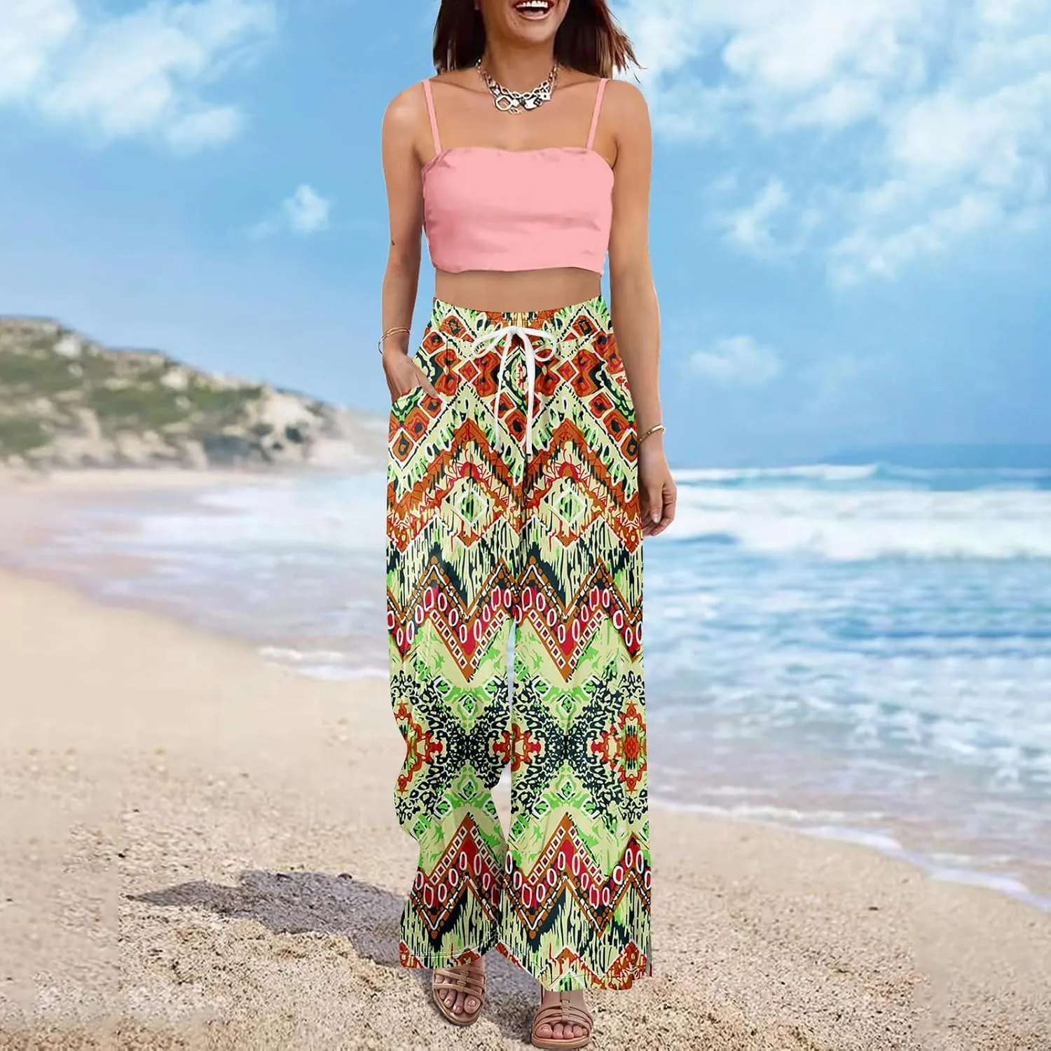 Wide Leg Dress Pants for Women Elastic Waist Bohemian Style 2025 Baggy Floral Trendy Summer Dressy Trousers