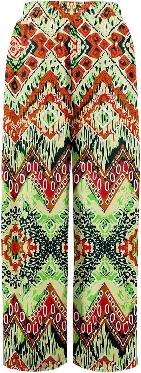 Wide Leg Dress Pants for Women Elastic Waist Bohemian Style 2025 Baggy Floral Trendy Summer Dressy Trousers