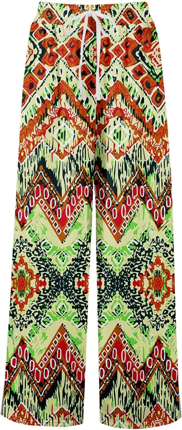 Wide Leg Dress Pants for Women Elastic Waist Bohemian Style 2025 Baggy Floral Trendy Summer Dressy Trousers
