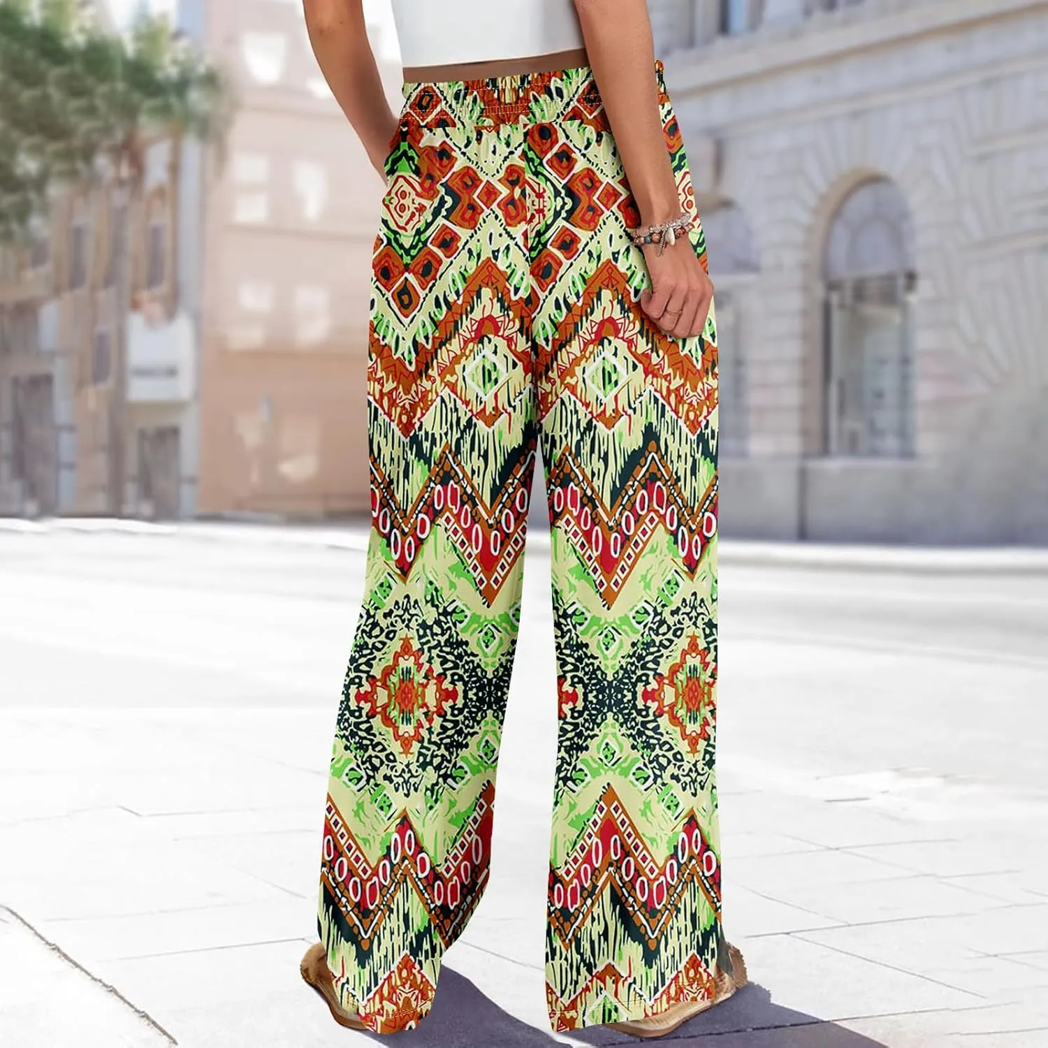 Wide Leg Dress Pants for Women Elastic Waist Bohemian Style 2025 Baggy Floral Trendy Summer Dressy Trousers