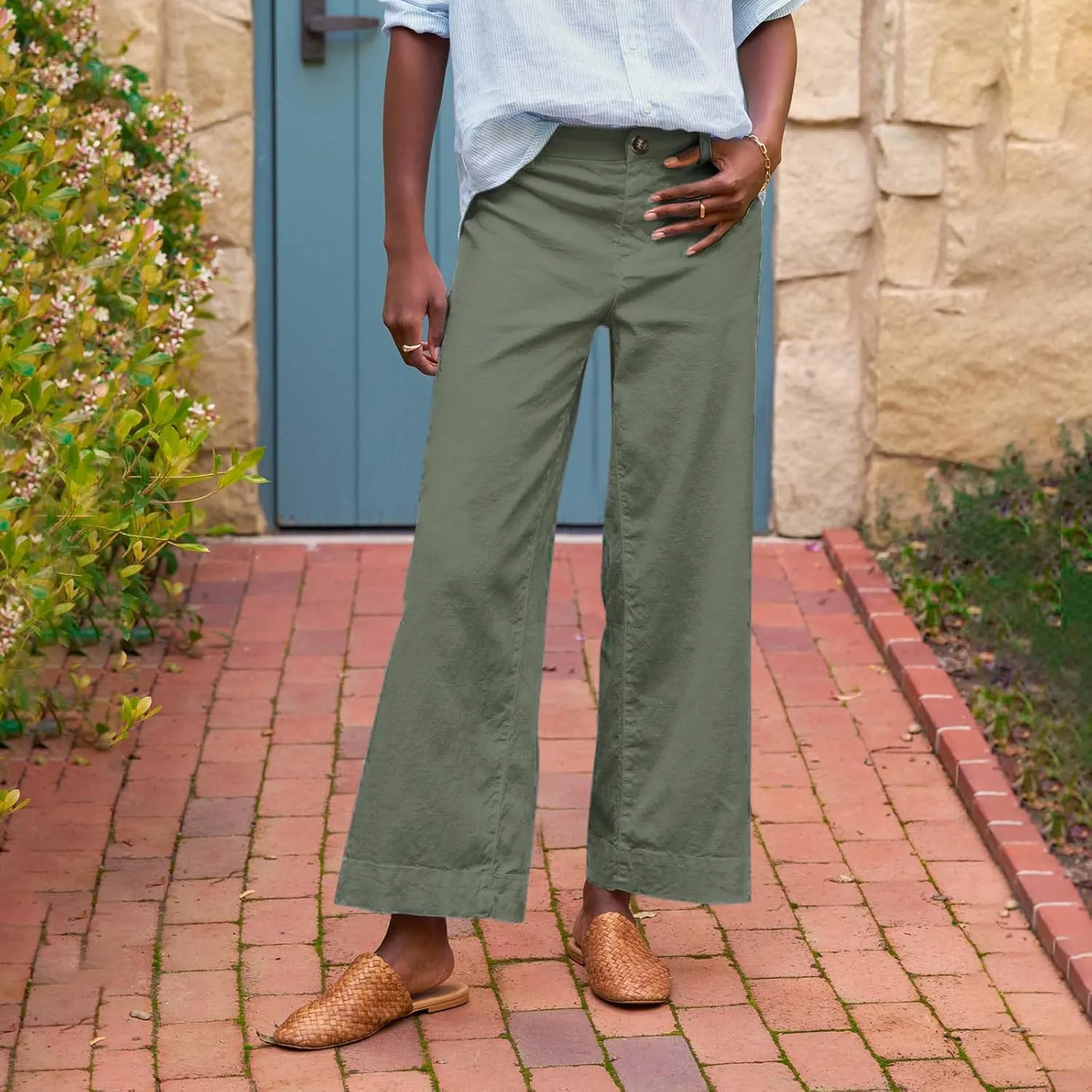 Wide Leg Loose Pants for Women Dressy Linen High Waist Beach Palazzo Pants Summer with Pockets Straight Leg Clothes