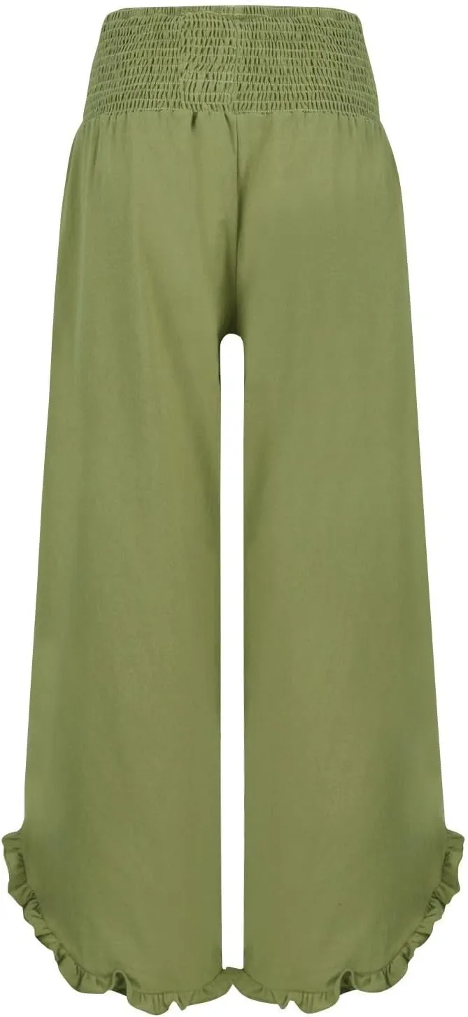 Wide Leg Palazzo Pants for Women Cotton Linen Elastic Waist Casual Pants Long Classic Solid Smocked Ruffle Hem Outfits