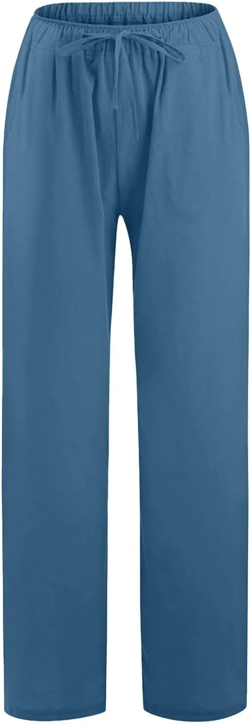 Wide Leg Pants for Women High Waisted Casual Cotton Linen Trousers Plus Size Baggy Loose Fit Comfy Summer Lounge Pants