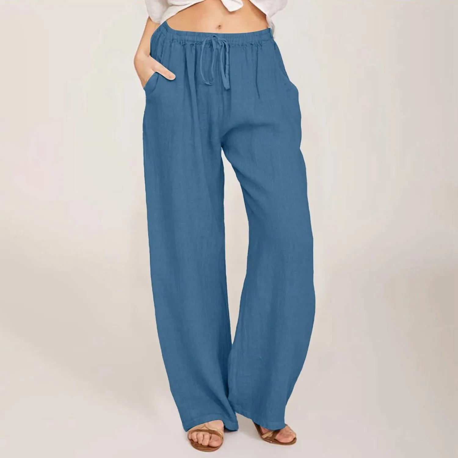 Wide Leg Pants for Women High Waisted Casual Cotton Linen Trousers Plus Size Baggy Loose Fit Comfy Summer Lounge Pants