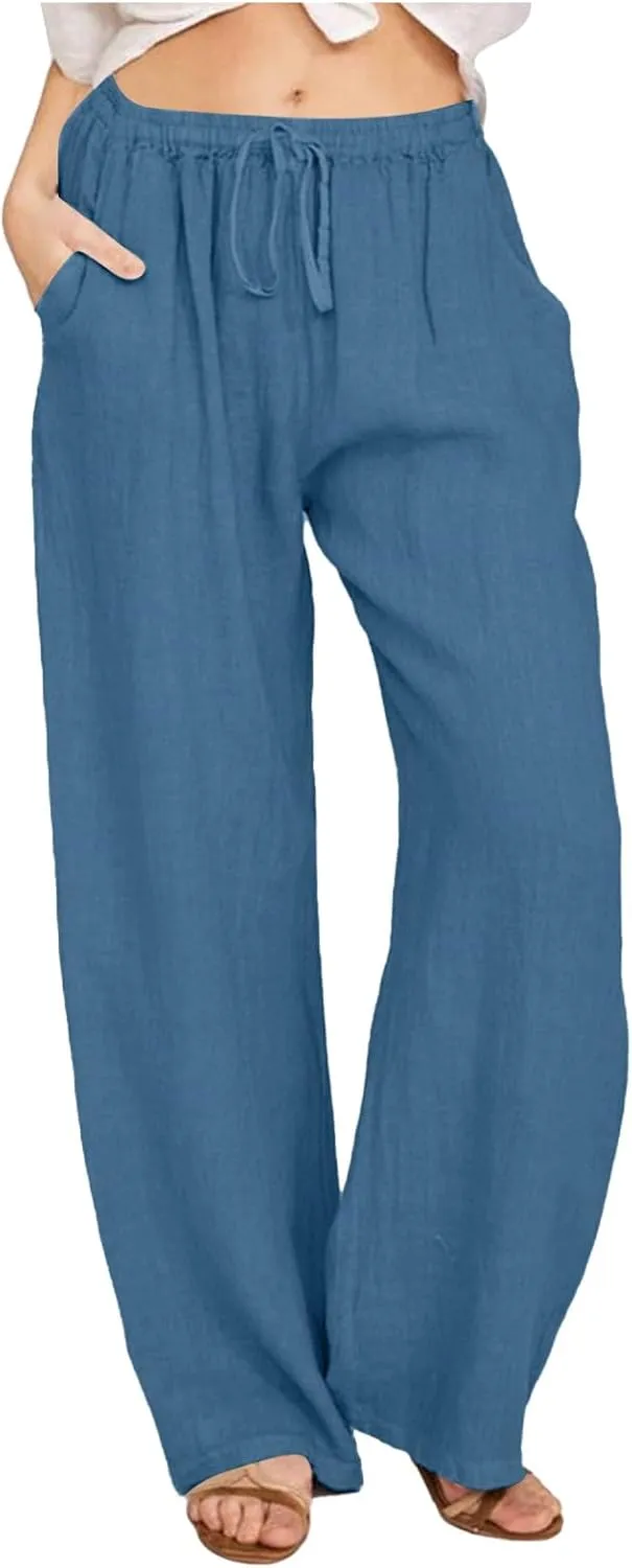 Wide Leg Pants for Women High Waisted Casual Cotton Linen Trousers Plus Size Baggy Loose Fit Comfy Summer Lounge Pants