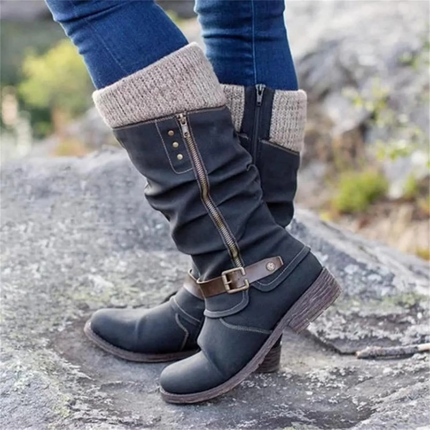 Winter Boots For Women 2022 Trendy Combat Boots Lace up Mid Calf Low Heel Chunky Platform Side Zipper Military Warm Boot