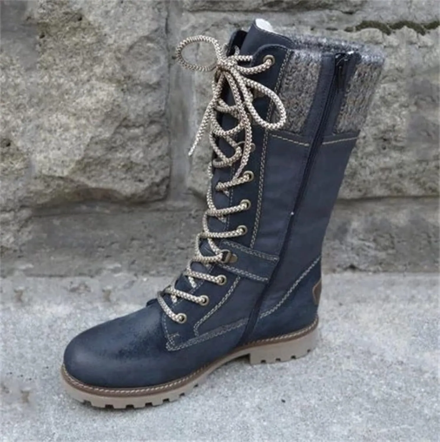 Winter Boots For Women 2022 Trendy Combat Boots Lace up Mid Calf Low Heel Chunky Platform Side Zipper Military Warm Boot