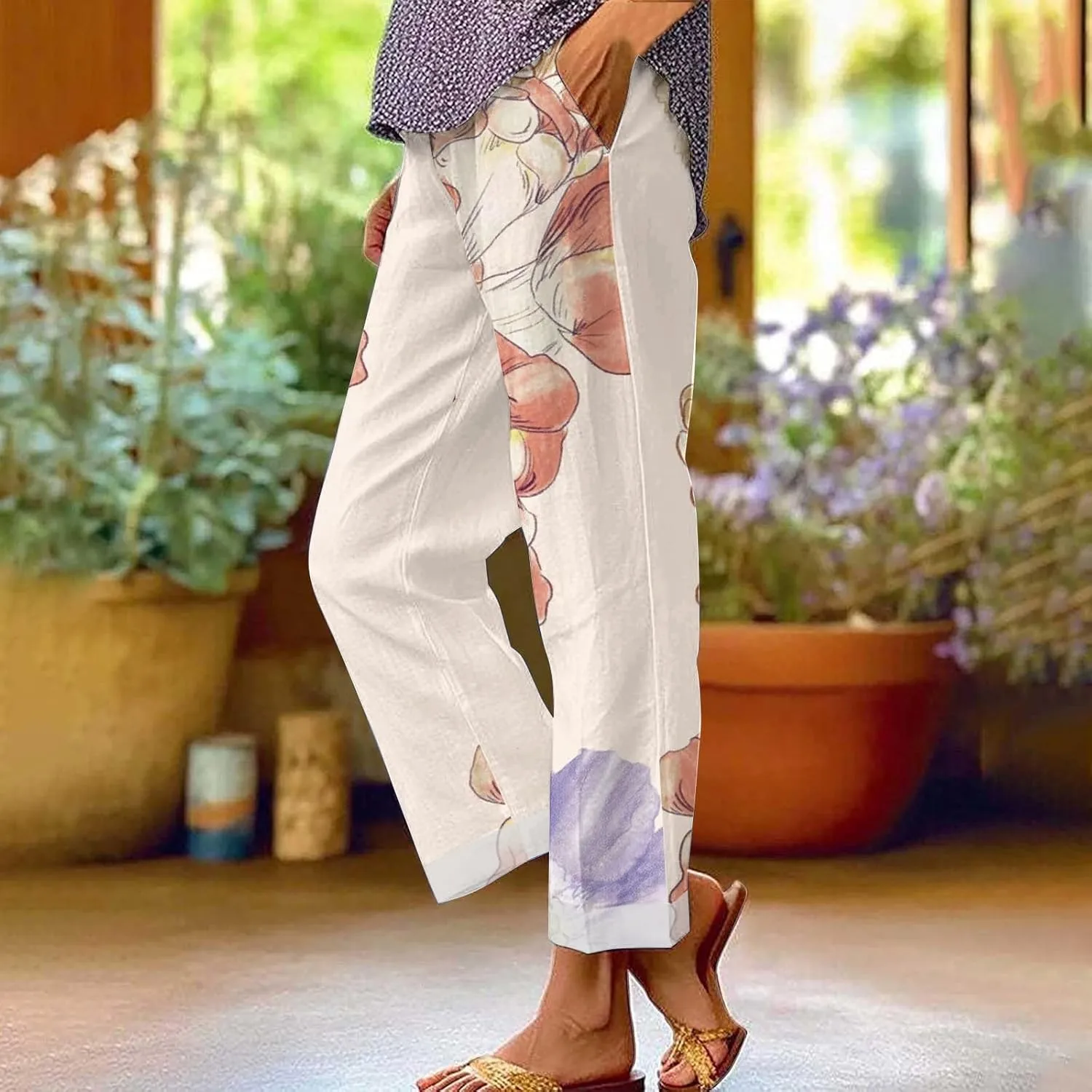 Women Boho Floral Casual Pants Summer Drawstring Lightweight Elastic High Waist Linen Pant Straight Wide Leg Capris