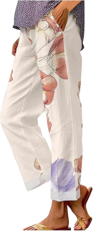 Women Boho Floral Casual Pants Summer Drawstring Lightweight Elastic High Waist Linen Pant Straight Wide Leg Capris