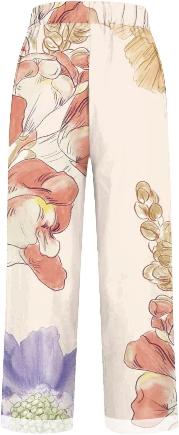 Women Boho Floral Casual Pants Summer Drawstring Lightweight Elastic High Waist Linen Pant Straight Wide Leg Capris