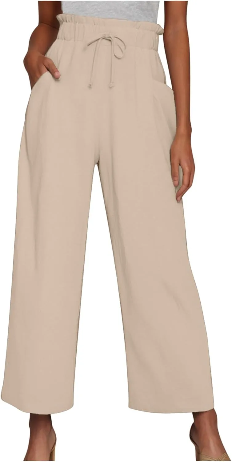 Women Linen Palazzo Pants High Waist Wide Leg Pant Casual Loose Elastic Waisted Holiday Vacation Trousers with Pocket