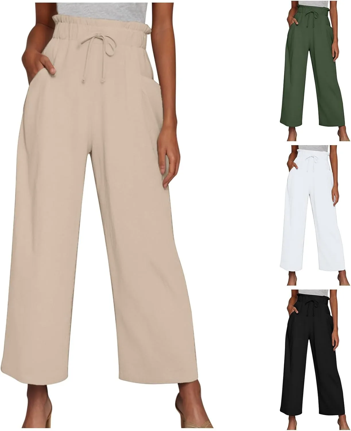Women Linen Palazzo Pants High Waist Wide Leg Pant Casual Loose Elastic Waisted Holiday Vacation Trousers with Pocket