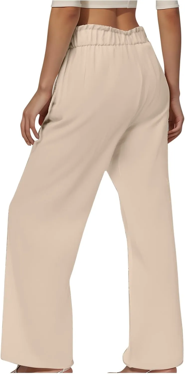 Women Linen Palazzo Pants High Waist Wide Leg Pant Casual Loose Elastic Waisted Holiday Vacation Trousers with Pocket