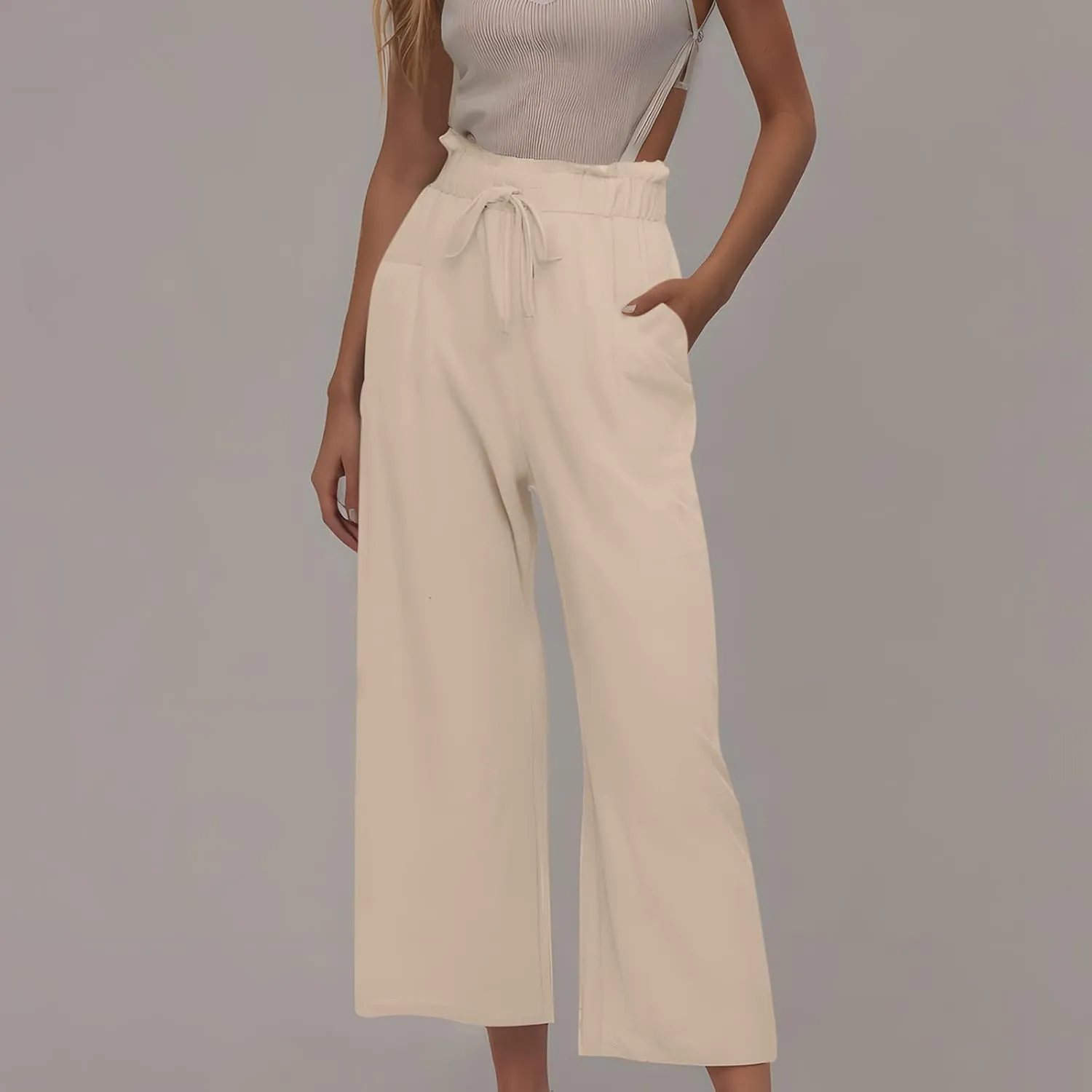 Women Linen Palazzo Pants High Waist Wide Leg Pant Casual Loose Elastic Waisted Holiday Vacation Trousers with Pocket