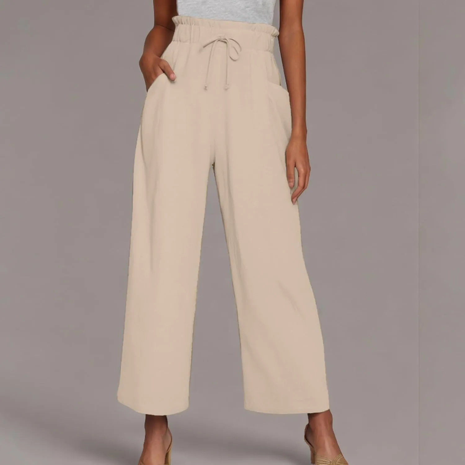 Women Linen Palazzo Pants High Waist Wide Leg Pant Casual Loose Elastic Waisted Holiday Vacation Trousers with Pocket