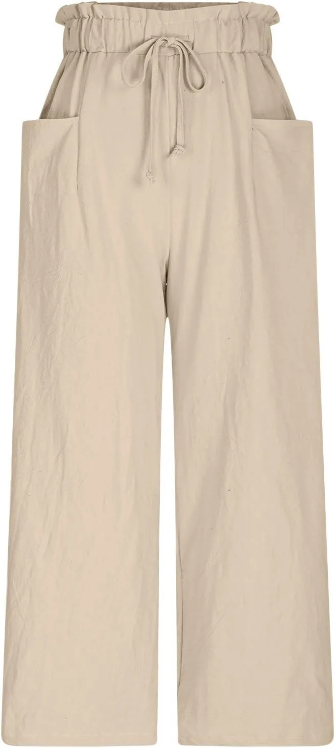 Women Linen Palazzo Pants High Waist Wide Leg Pant Casual Loose Elastic Waisted Holiday Vacation Trousers with Pocket