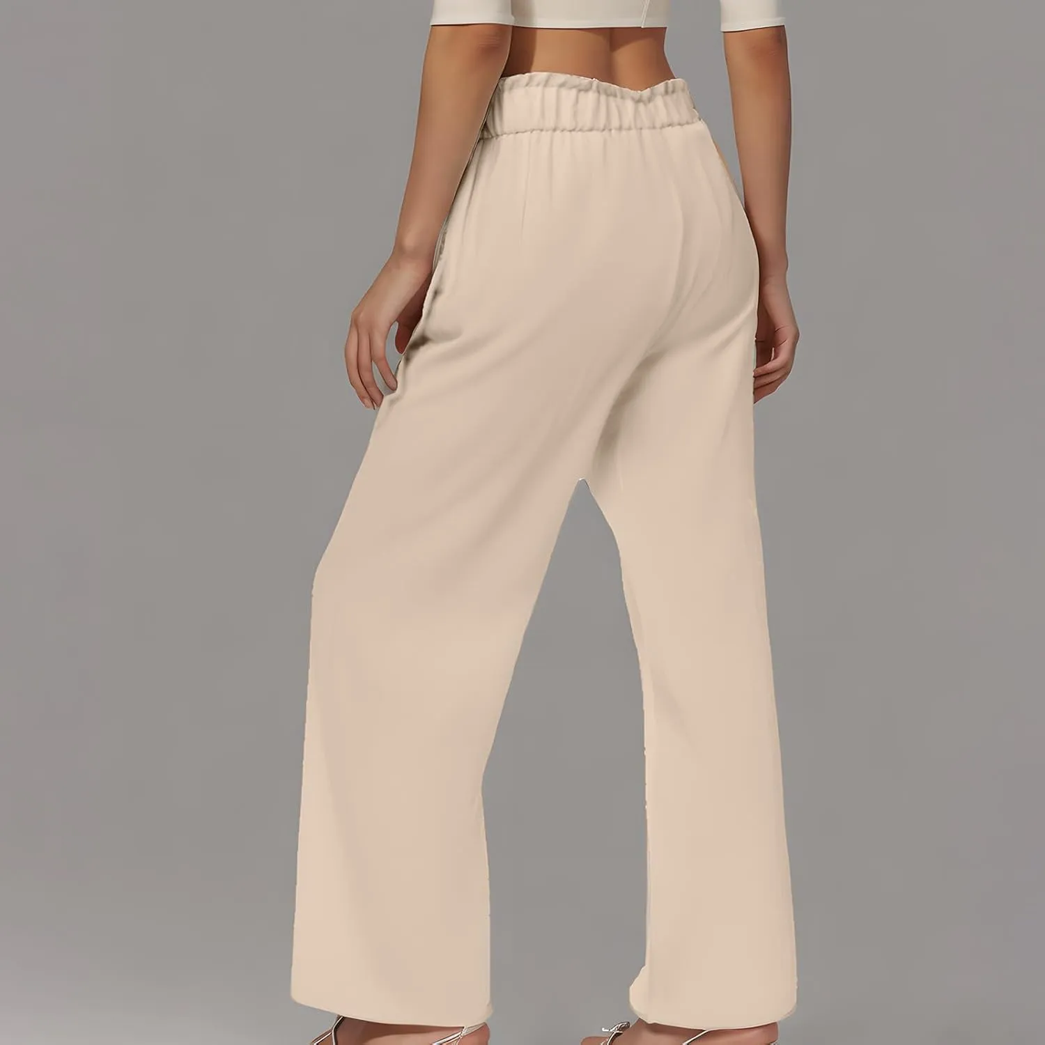 Women Linen Palazzo Pants High Waist Wide Leg Pant Casual Loose Elastic Waisted Holiday Vacation Trousers with Pocket