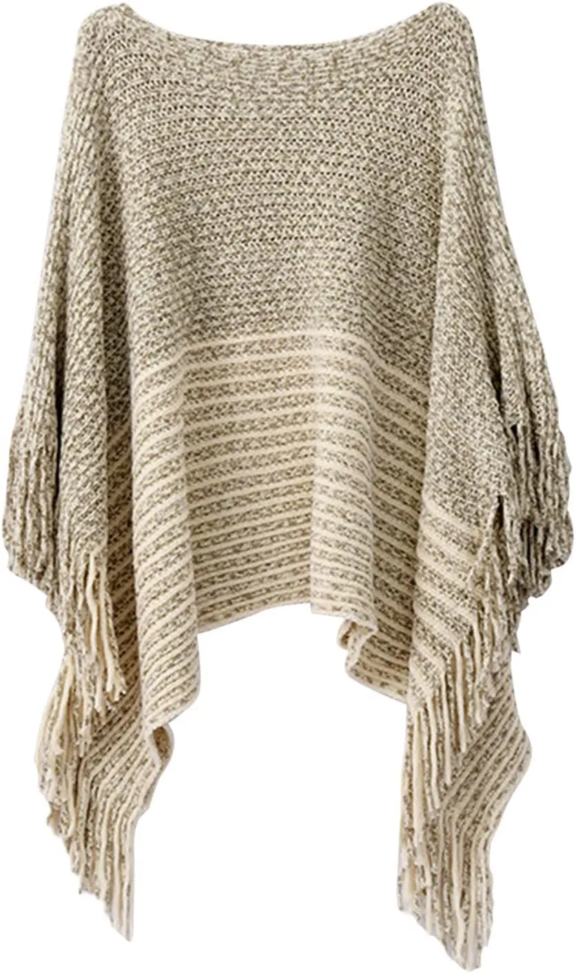 Women Off Shoulder Poncho With Tassels Knitted Shawl Scarf Fringed Wraps Pashminas Sweater Pullover Cape Gifts