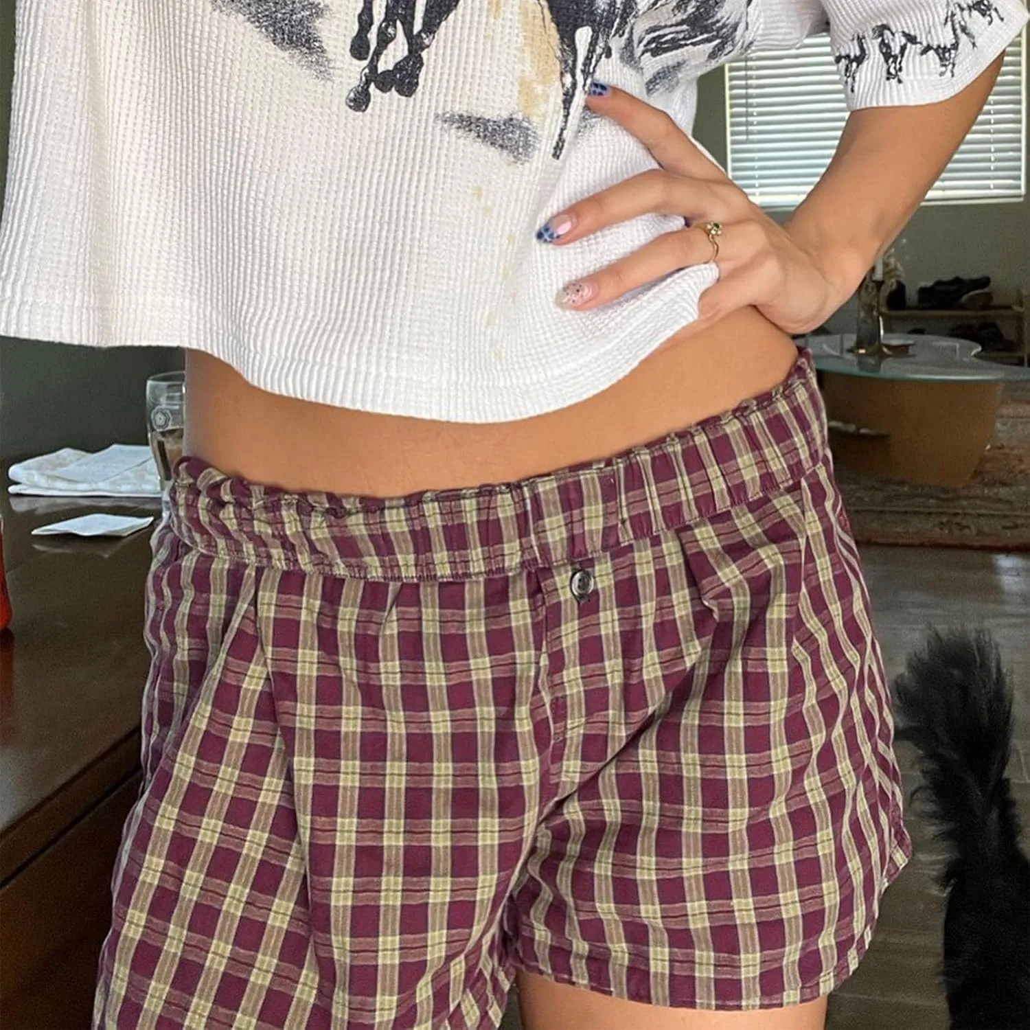 Women Pajamas Shorts Micro Boxer Shorts Y2K Cute Gingham Sleep Lounge Shorts Checkered Plaid Button Pj Mini Shorts