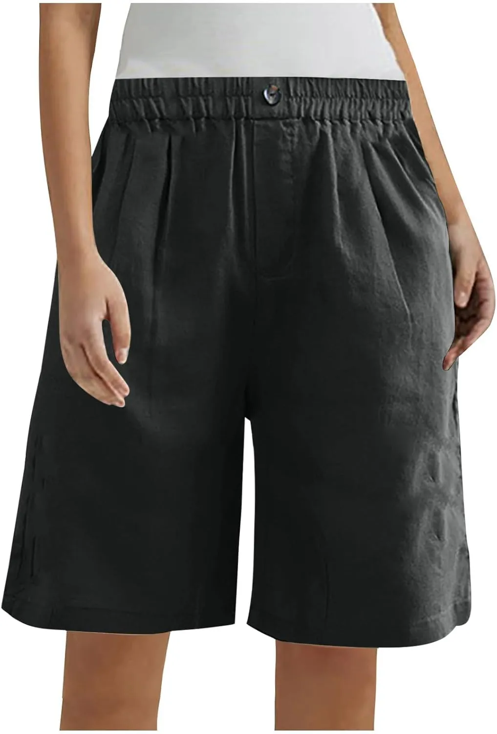 Women Summer Cotton Linen Bermuda Shorts Elastic Waist Wide Leg Shorts Loose Knee Length Shorts Casual Beach Shorts