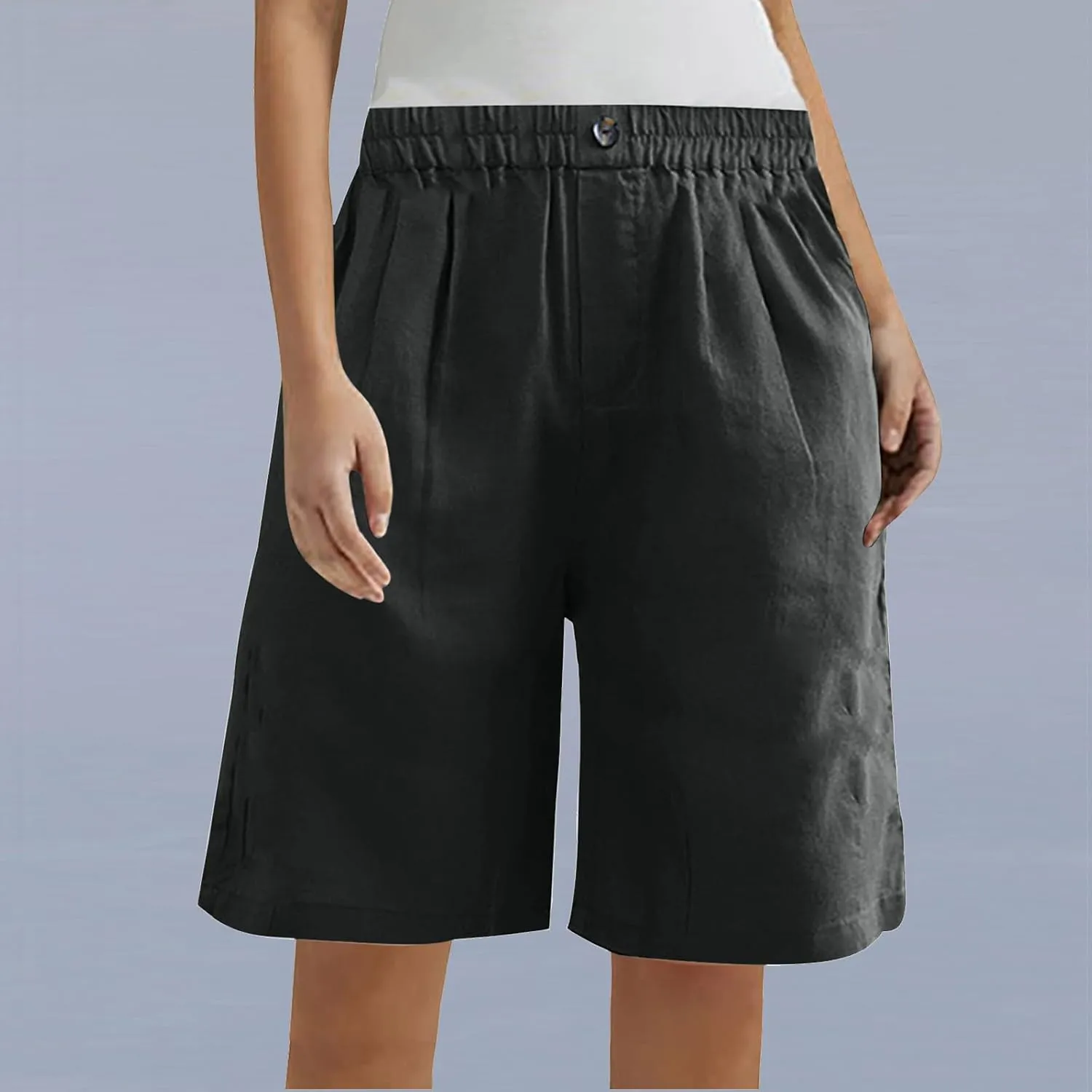 Women Summer Cotton Linen Bermuda Shorts Elastic Waist Wide Leg Shorts Loose Knee Length Shorts Casual Beach Shorts