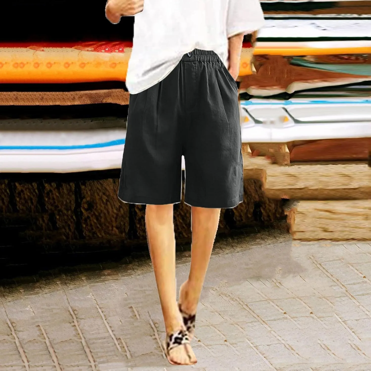 Women Summer Cotton Linen Bermuda Shorts Elastic Waist Wide Leg Shorts Loose Knee Length Shorts Casual Beach Shorts