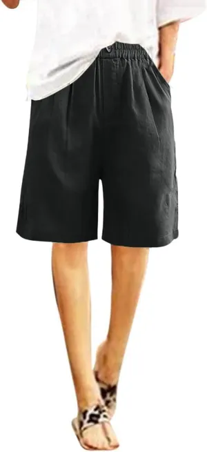 Women Summer Cotton Linen Bermuda Shorts Elastic Waist Wide Leg Shorts Loose Knee Length Shorts Casual Beach Shorts