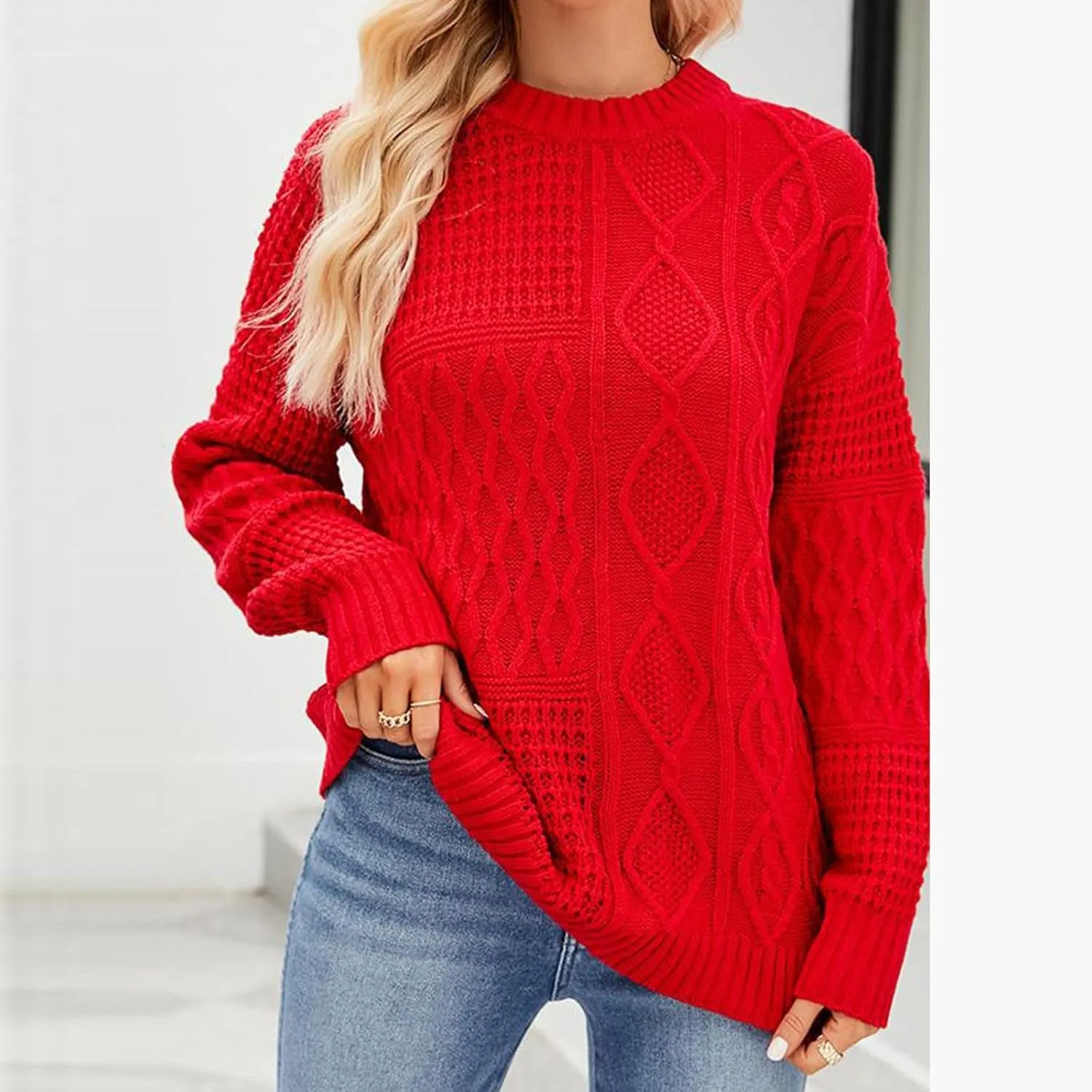 Women's 2024 Crew Neck Long Sleeve Casual Loose Cable Knit Solid Soft Pullover Sweater Tops Oversized Sweaters Jumper