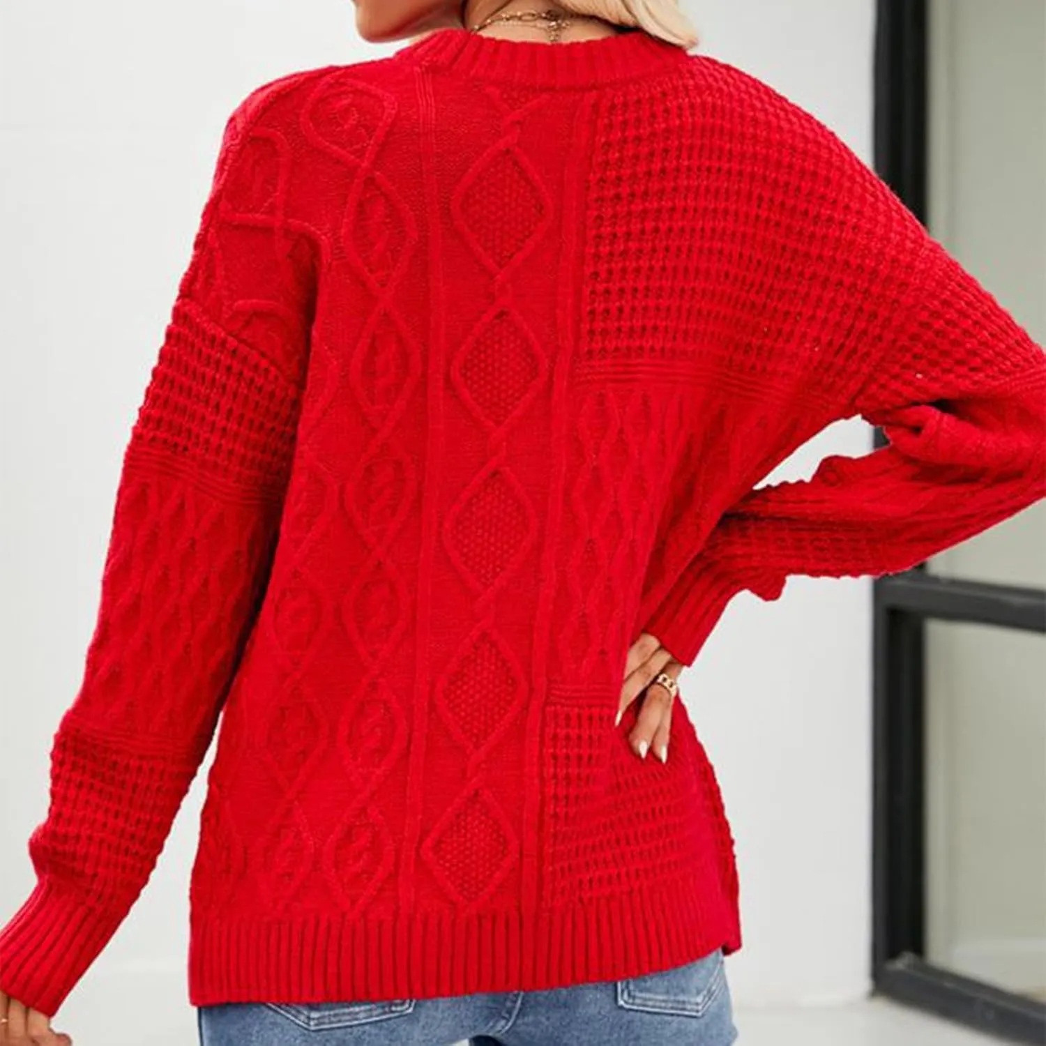 Women's 2024 Crew Neck Long Sleeve Casual Loose Cable Knit Solid Soft Pullover Sweater Tops Oversized Sweaters Jumper