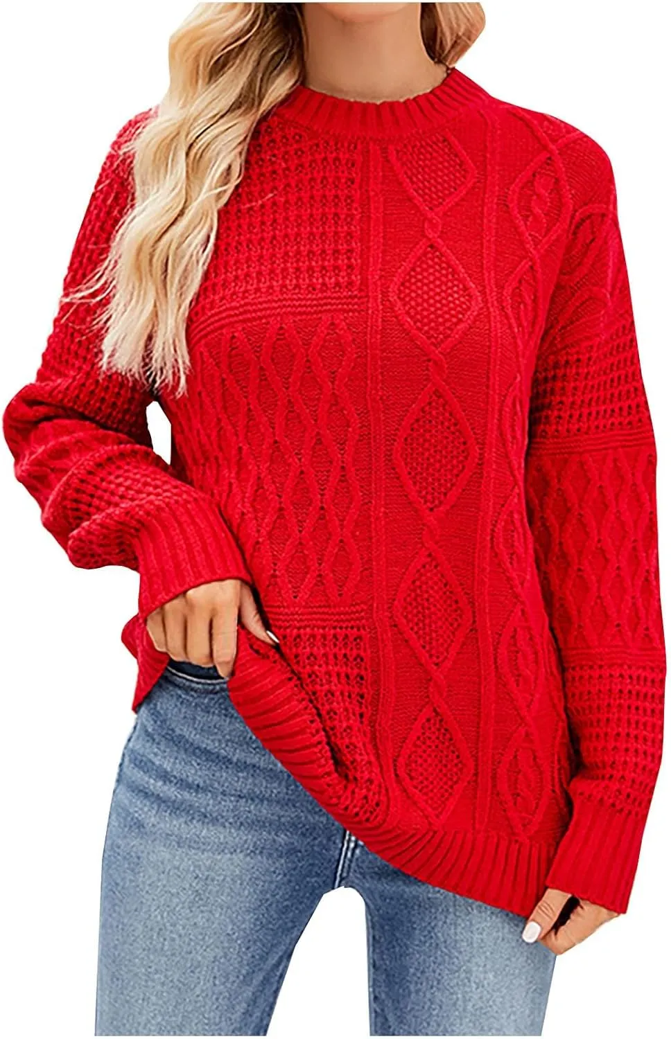 Women's 2024 Crew Neck Long Sleeve Casual Loose Cable Knit Solid Soft Pullover Sweater Tops Oversized Sweaters Jumper