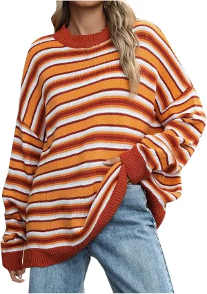 Women's 2024 Winter Pullover Sweater Casual Long Sleeve Crewneck Loose Chunky Knit Jumper Tops Striped Sweater Women
