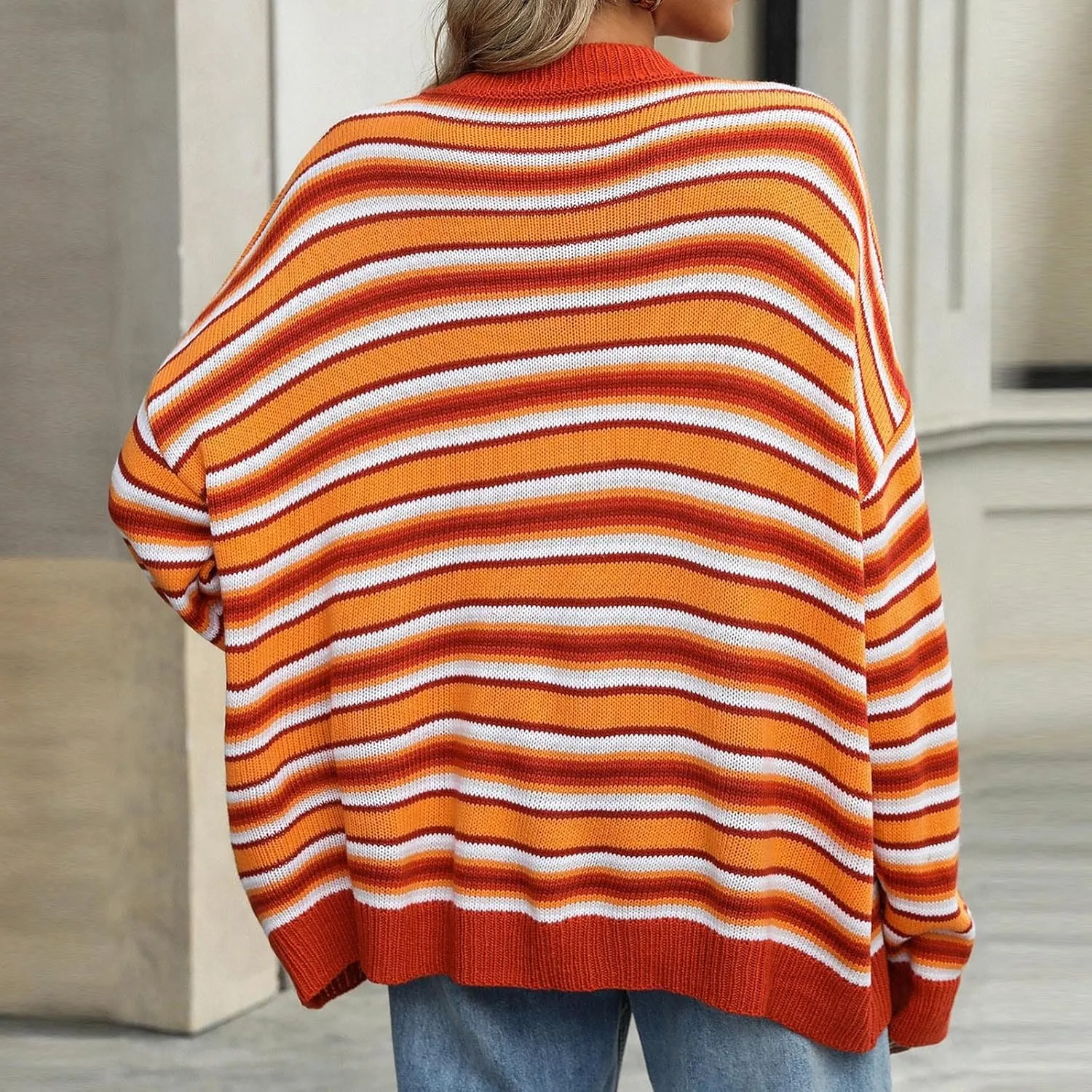 Women's 2024 Winter Pullover Sweater Casual Long Sleeve Crewneck Loose Chunky Knit Jumper Tops Striped Sweater Women