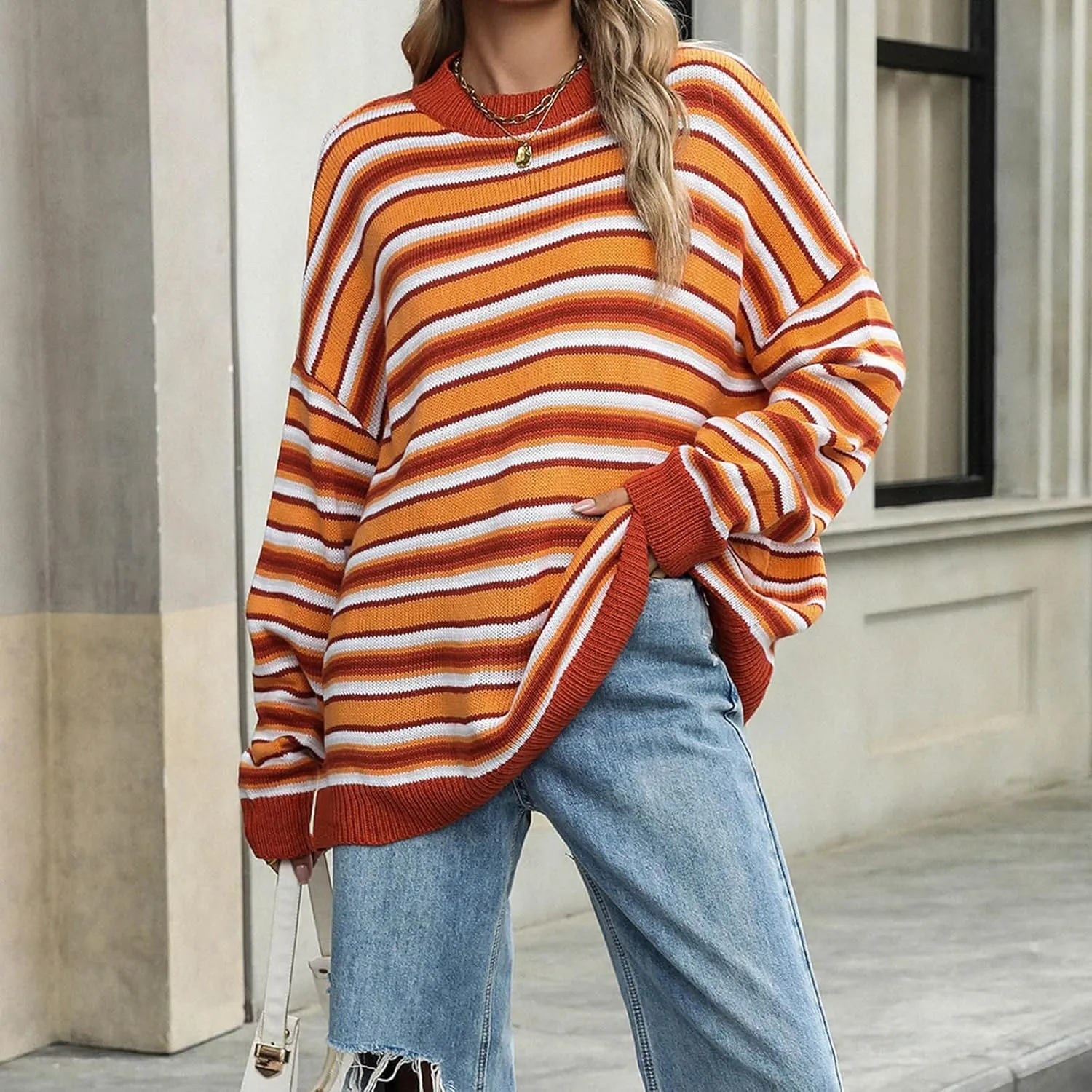 Women's 2024 Winter Pullover Sweater Casual Long Sleeve Crewneck Loose Chunky Knit Jumper Tops Striped Sweater Women