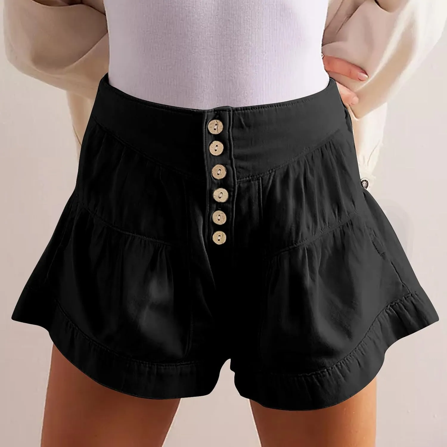 Women's 2025 Fashion Shorts Summer High Waist Flowy Wide Leg Buttons Pleated Short Pants Casual Loose Pleated Shorts