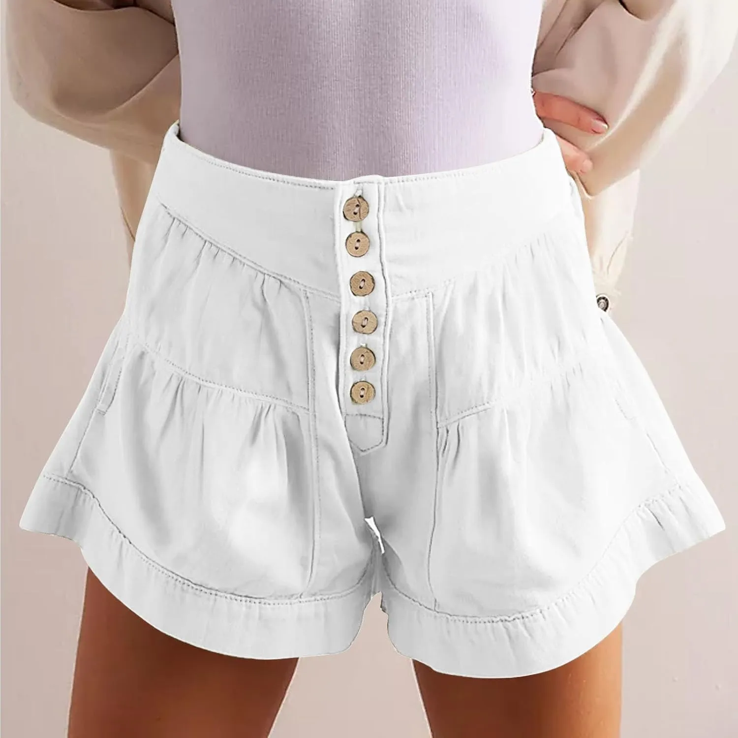 Women's 2025 Fashion Shorts Summer High Waist Flowy Wide Leg Buttons Pleated Short Pants Casual Loose Pleated Shorts