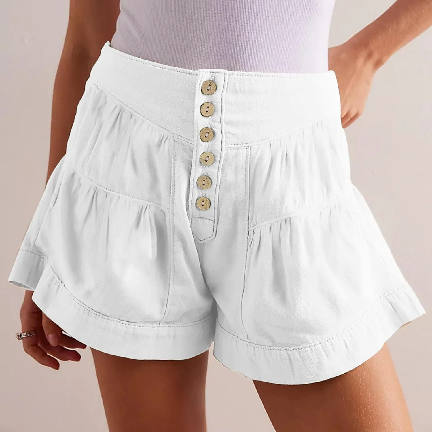 Women's 2025 Fashion Shorts Summer High Waist Flowy Wide Leg Buttons Pleated Short Pants Casual Loose Pleated Shorts
