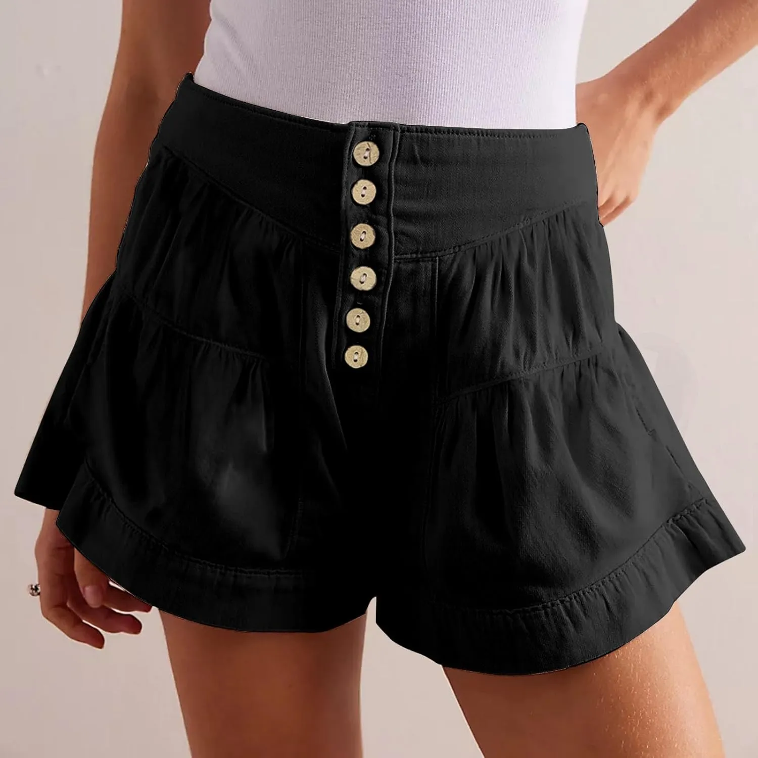 Women's 2025 Fashion Shorts Summer High Waist Flowy Wide Leg Buttons Pleated Short Pants Casual Loose Pleated Shorts