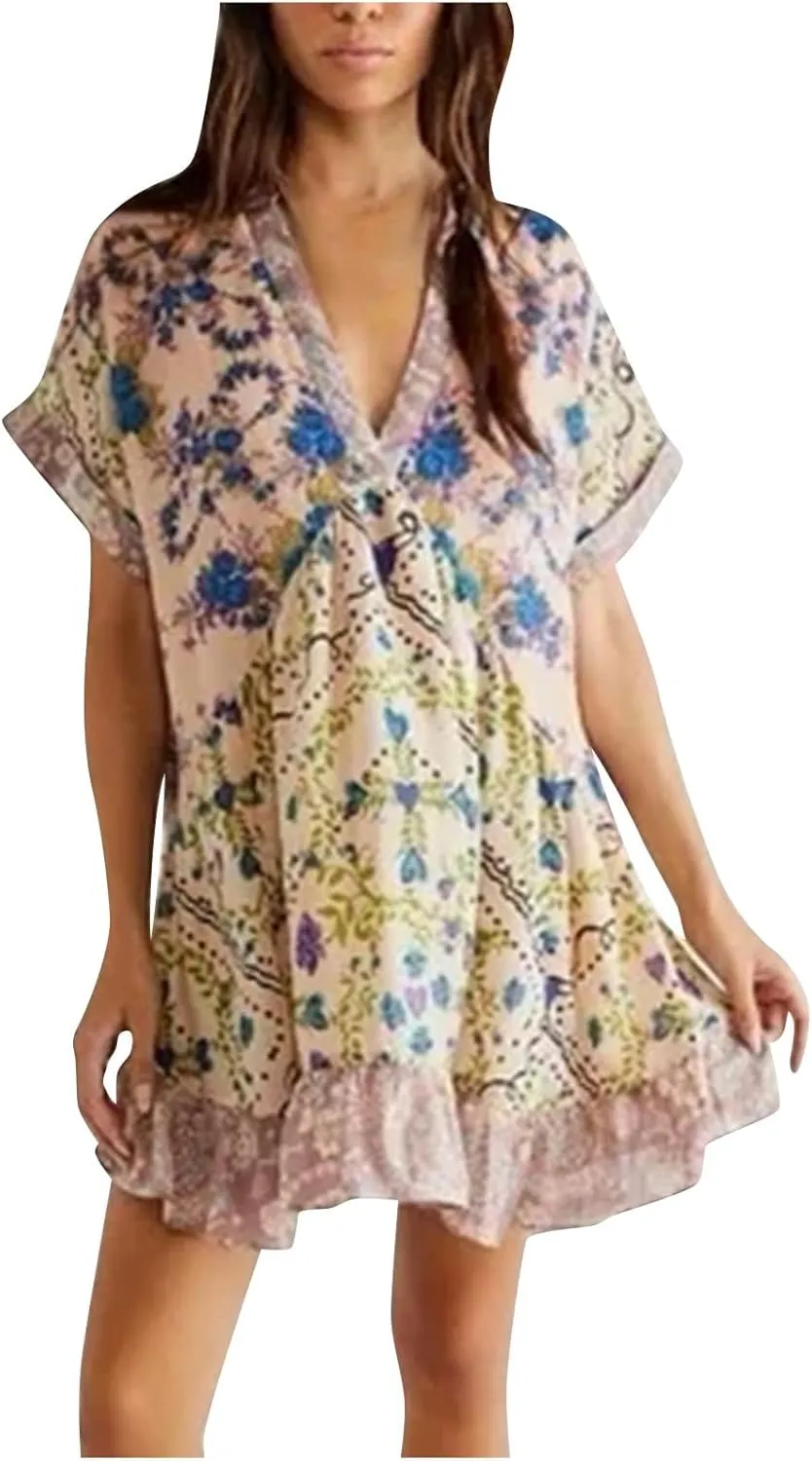 Womens Boho Summer Dresses Short Sleeve Ruffle Hem Dress V Neck Floral Mini Dress Beach Sundress Vacation Outfits