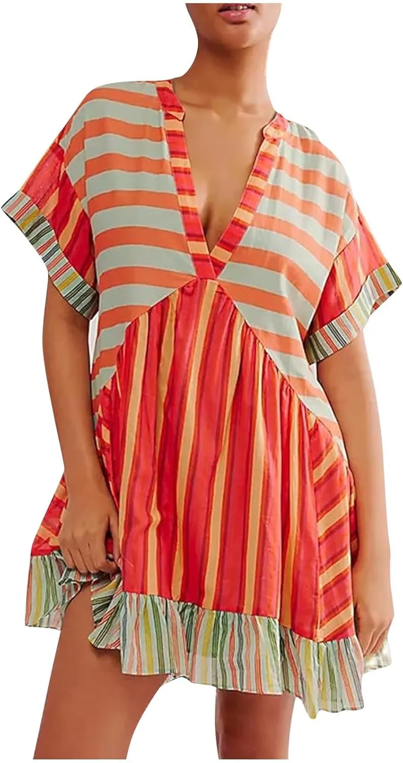 Womens Boho Summer Dresses Short Sleeve Ruffle Hem Dress V Neck Floral Mini Dress Beach Sundress Vacation Outfits