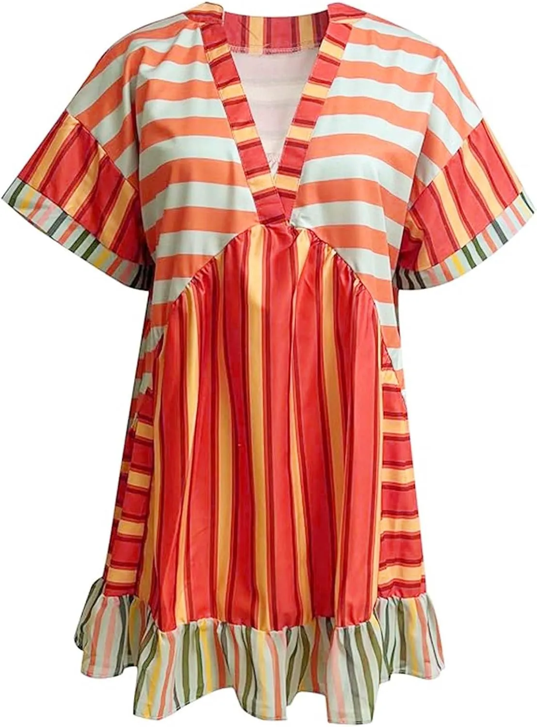 Womens Boho Summer Dresses Short Sleeve Ruffle Hem Dress V Neck Floral Mini Dress Beach Sundress Vacation Outfits