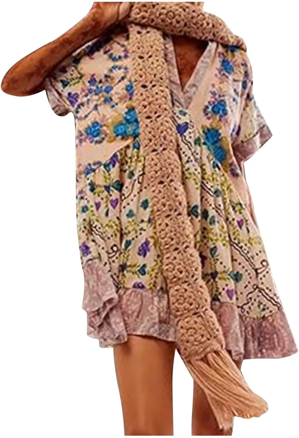 Womens Boho Summer Dresses Short Sleeve Ruffle Hem Dress V Neck Floral Mini Dress Beach Sundress Vacation Outfits