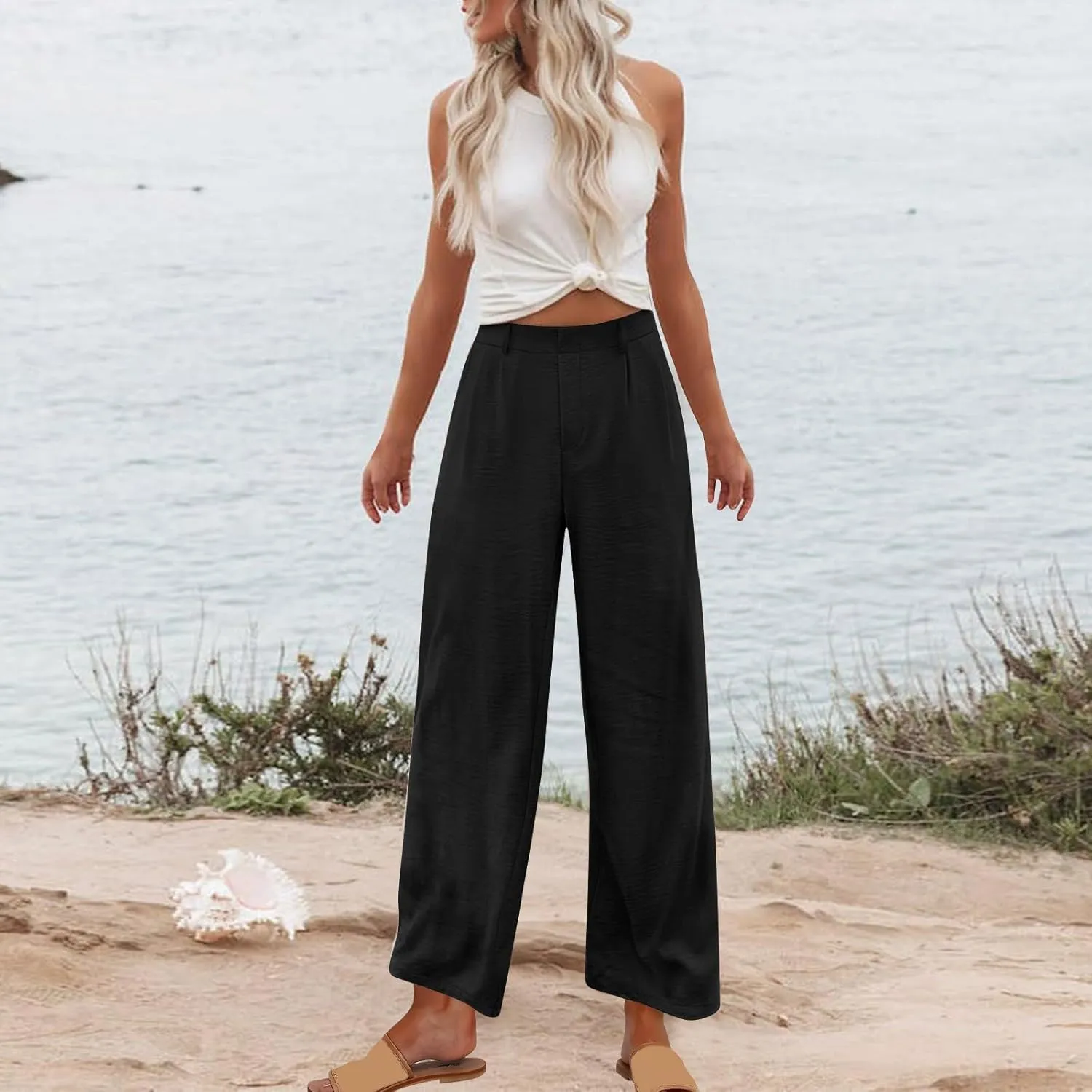 Women's Business Pants Summer Dress Elastic Waist Wide Leg Trousers Casual Solid Color Loose Work Pants with Pockets