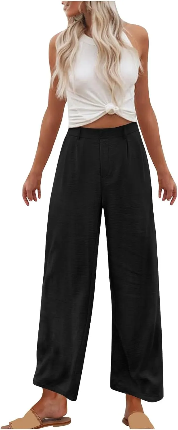 Women's Business Pants Summer Dress Elastic Waist Wide Leg Trousers Casual Solid Color Loose Work Pants with Pockets