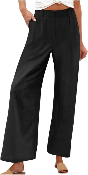 Women's Business Pants Summer Dress Elastic Waist Wide Leg Trousers Casual Solid Color Loose Work Pants with Pockets