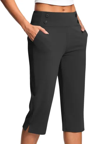 Women's Capri Pants Petite Summer Casual Elastic High Waist Yoga Pants Comfy Lightweight Business Office Work Slacks