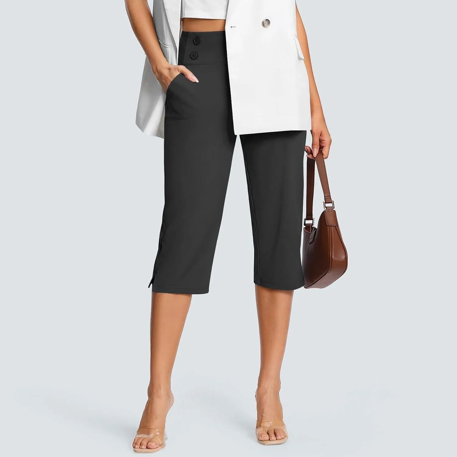 Women's Capri Pants Petite Summer Casual Elastic High Waist Yoga Pants Comfy Lightweight Business Office Work Slacks