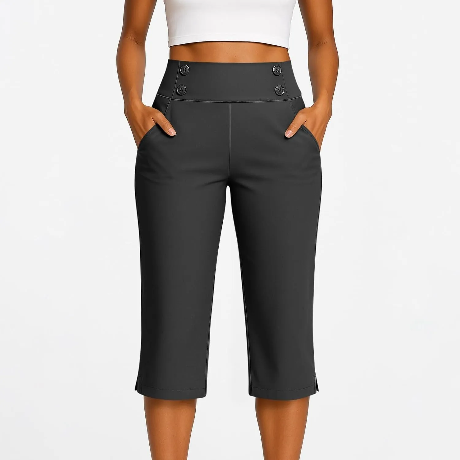 Women's Capri Pants Petite Summer Casual Elastic High Waist Yoga Pants Comfy Lightweight Business Office Work Slacks